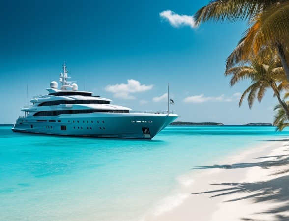Luxury Yacht Sails Turquoise Waters Anchored Idyllic Paradise