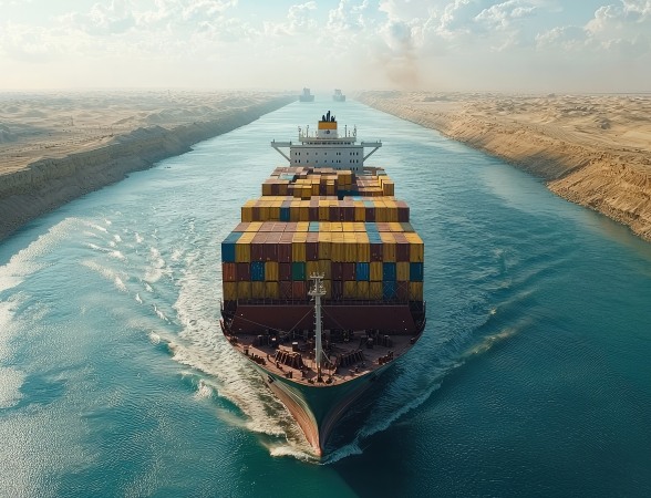 Massive Cargo Ship Sailing Through Suez Canal