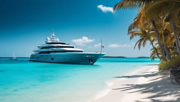 Luxury Yacht Sails Turquoise Waters Anchored Idyllic Paradise